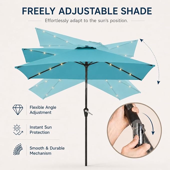 6.5 x 10ft Rectangular Patio Umbrella with Solar Lights, 16 LED Lighted Market Umbrella with Push-Button Tilt and Crank, 6 Sturdy Iron Ribs for Garden, Deck, Pool, Sky Blue