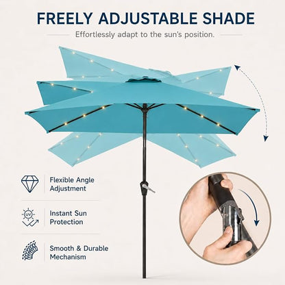6.5 x 10ft Rectangular Patio Umbrella with Solar Lights, 16 LED Lighted Market Umbrella with Push-Button Tilt and Crank, 6 Sturdy Iron Ribs for Garden, Deck, Pool, Sky Blue
