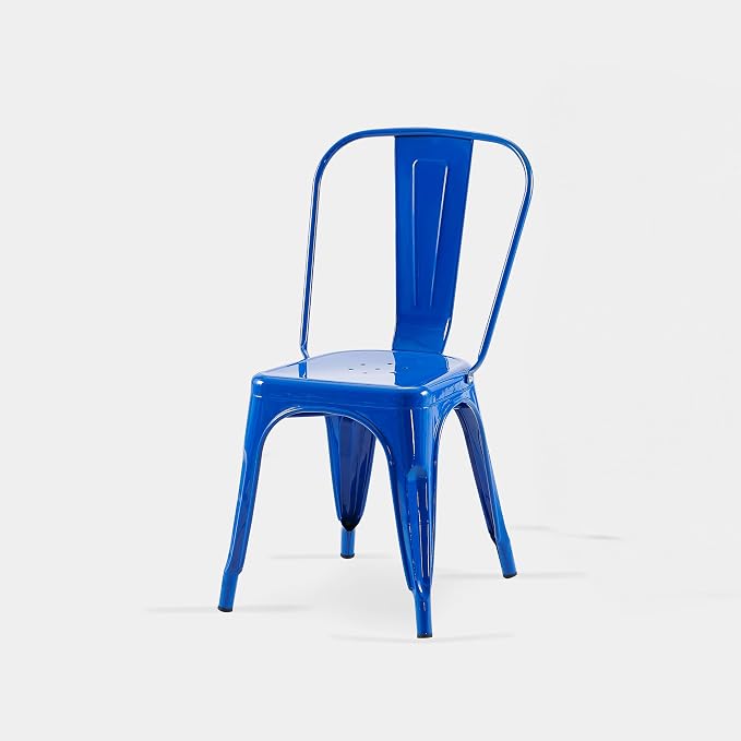 AC Pacific 18 Inch Seat Height Industrial Metal Dining Chairs, Stackable Kitchen or Bar Seat, Durable Modern Design, Versatile Accent Furniture, Set of 4, Blue