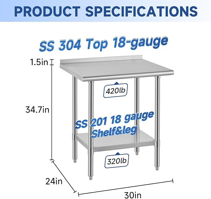 ROCKPOINT SS304 Top All Stainless Steel Table for Prep & Work with Backsplash 24x30 Inches, NSF Commercial Kitchen Heavy Duty Table with Adjustable Undershelf for Restaurant,Kitchen, Home and Hotel