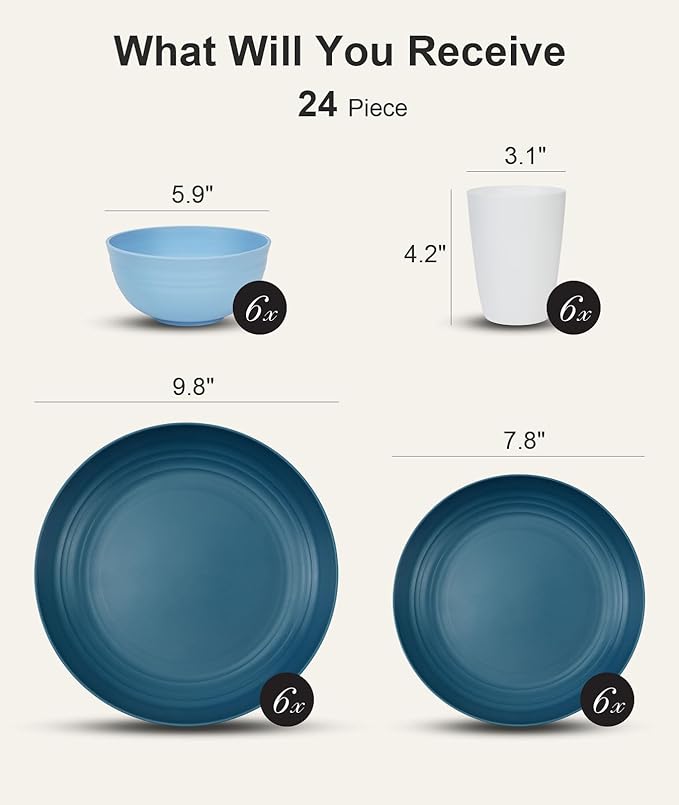 Quatish 24 Piece Plates and Bowls Sets for 6, Unbreakable Dinnerware Sets, Dish Set for Camping, Dishwasher Microwave Safe, Outdoor Kitchen and Apartment Dorm Dinning RV Essentials, Blue