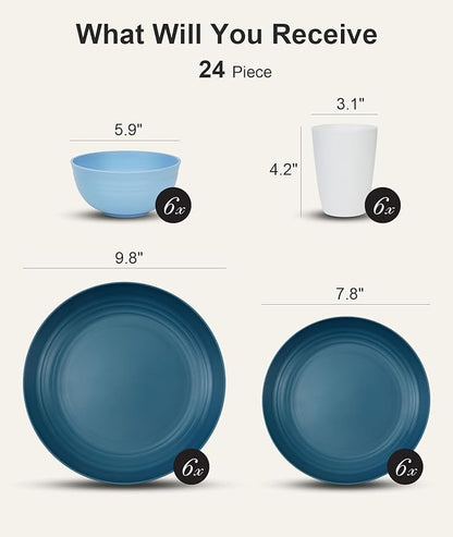 Quatish 24 Piece Plates and Bowls Sets for 6, Unbreakable Dinnerware Sets, Dish Set for Camping, Dishwasher Microwave Safe, Outdoor Kitchen and Apartment Dorm Dinning RV Essentials, Blue