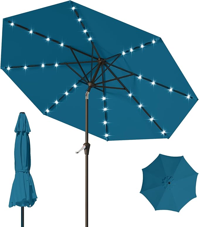 9FT Patio Umbrella with Solar Lights,Outdoor Market Umbrella with Tilt and Crank, LED Lighted Table Umbrella for Garden,Deck,Backyard,Pool,Beach (Lake Blue)