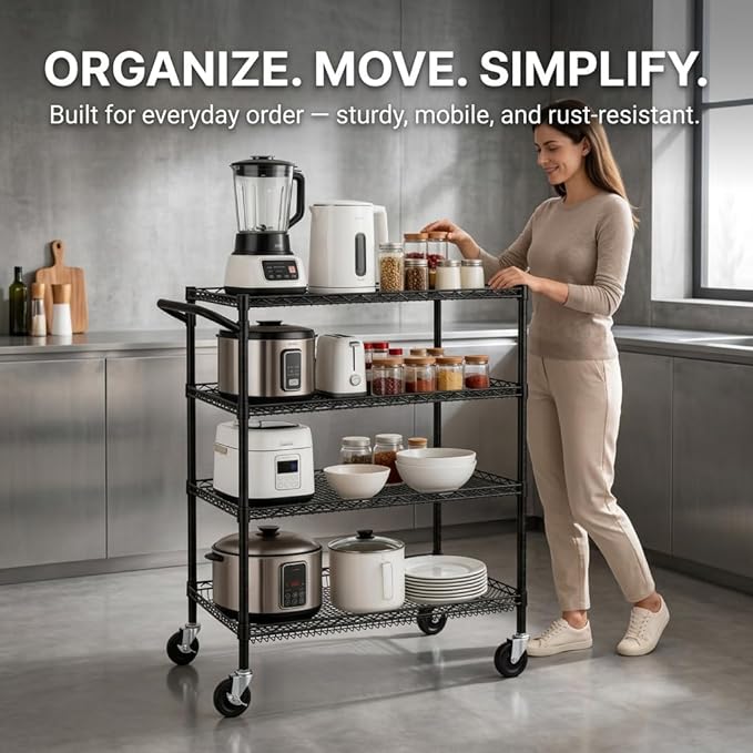 Finnhomy 4 Tier Heavy Duty Commercial Grade Rolling Cart with Handle Bar, Metal Wire Utility Cart with Wheels, Shelf Size 18" D x 30" W, NSF Listed, Black