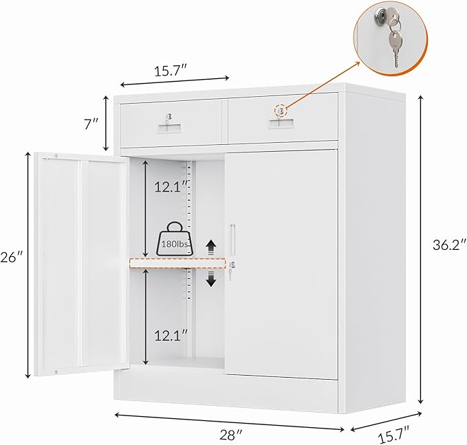 CJF Pantry Cabinet with 2 Drawer, Metal Pantry Storage Cabinets with Doors and 2 Adjustable Shelves, 36" H Locking Cabinet for Kitchen Storage, Home, Garage, Utility Room and Basement, White