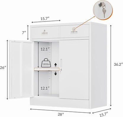 CJF Pantry Cabinet with 2 Drawer, Metal Pantry Storage Cabinets with Doors and 2 Adjustable Shelves, 36" H Locking Cabinet for Kitchen Storage, Home, Garage, Utility Room and Basement, White