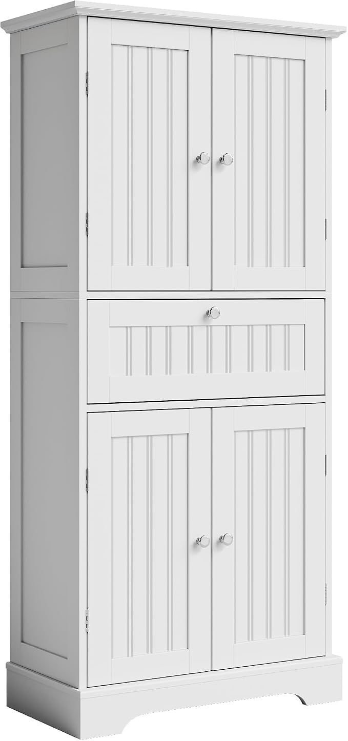 ChooChoo 51" H Bathroom Floor Cabinet with Drawers and Adjustable Shelves | Bathroom Storage Cabinet, Freestanding Kitchen Pantry Cupboard with 4 Doors for Living Room, White