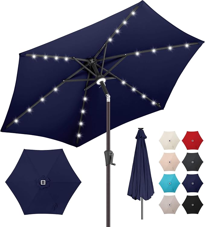 10 ft Solar Patio Umbrella Outdoor with Centre Light, Navy Blue | 24 LED Lights, UV Protection, Solar Outdoor Umbrella for Porch, Deck, Pool, Table, Garden, Provides Evening Lighting