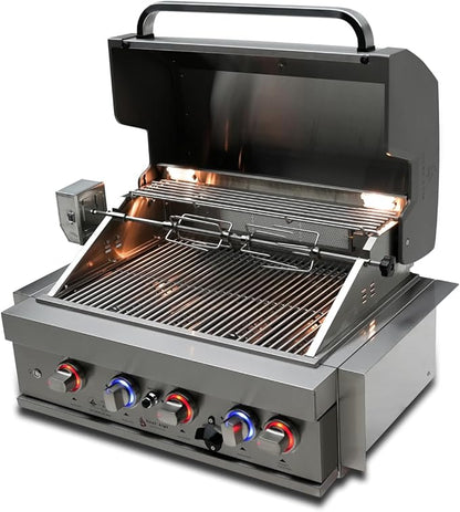 Mont Alpi Premium 32"W x 23"D x 21"H Stainless Steel 4-Burner 63000 BTUs Outdoor Kitchen Kitchen Island Heavy Duty Propane Built-in BBQ Grill Head with Infrared Rear Burner + Rotisserie Kit + Cover