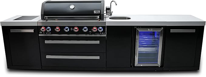 Mont Alpi Premium 132"W x 23"D Black Stainless Steel Modular Outdoor Kitchen Island with Refrigerator + 44"W 6-Burner BBQ Gas Grill + Faucet & Sink + Granite Countertops + Storage Cabinets + Cover