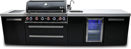 Mont Alpi Premium 132"W x 23"D Black Stainless Steel Modular Outdoor Kitchen Island with Refrigerator + 44"W 6-Burner BBQ Gas Grill + Faucet & Sink + Granite Countertops + Storage Cabinets + Cover