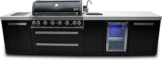 Mont Alpi Premium 132"W x 23"D Black Stainless Steel Modular Outdoor Kitchen Island with Refrigerator + 44"W 6-Burner BBQ Gas Grill + Faucet & Sink + Granite Countertops + Storage Cabinets + Cover