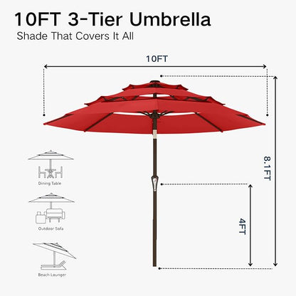 Kingdura 10ft 3-Tier Patio Umbrella, Outdoor Table Umbrella with Easy Crank & Tilt, 8 Reinforced Ribs, UV Protection for Deck, Pool, Market, Backyard (Red)