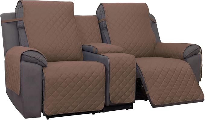 PureFit Water Resistant Reversible Loveseat Recliner Cover for Double | Double with Console, Non Slip Split Sofa Cover, Washable Reclining Cover, Brown/Beige
