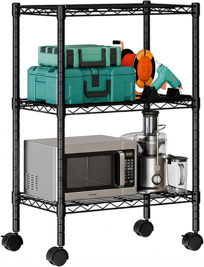 DUMOS 3-Tier Metal Wire Storage Shelves, Adjustable Standing Storage Rack Shelf with Wheels, Heavy Duty Steel Shelving Unit Organizers for Kitchen Bathroom Pantry Garage, 23.1" Wx13.4 Dx30.2 H, Black