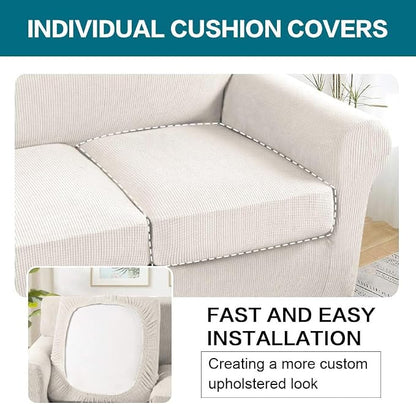 Turquoize 3 Piece Sofa Covers for 2 Cushion Couch Loveseat Slipcover Soft Couch Cover for Dogs-Washable Sofa Furniture Cover with 2 Individual Cushion Covers, Thick Jacquard Fabric (Loveseat, Ivory)