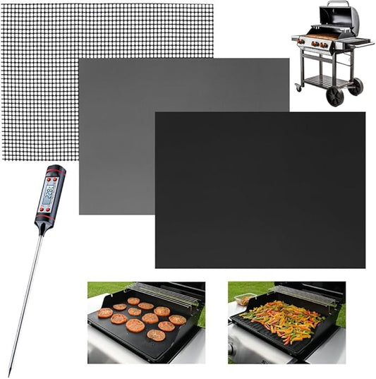 INFRAOVENS Set of 3 BBQ Grill Grate Liners, 25 x 17 Reusable Grill Toppers for Outdoor Charcoal, Gas, Electric - Grilling Accessories and Thermometer, Non Stick, Easy to Clean, Cut to Size, PFOA Free
