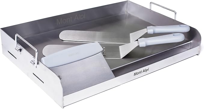 Mont Alpi MABi400-TOOLKIT 32-inch 4 Burner 63000 BTU Stainless Steel Built-in Gas Grill + Universal Flat Top Griddle Hot Plate Kit & Pizza Converter + Barbecue 3 Piece Tool Kit with Cleaning Brush