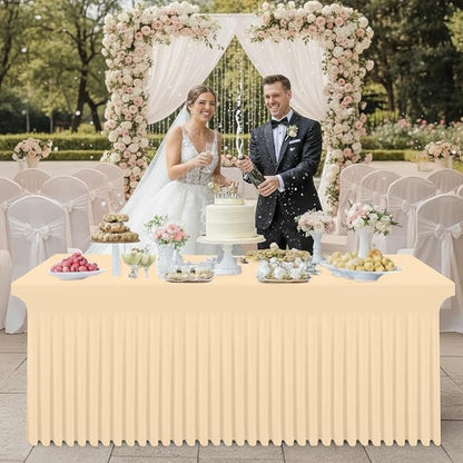 Smiry Spandex Elastic Fitted Table Cloth Skirt for 8FT Rectangle Table | Stretch Washable Table Cloth, Banquet Table Cover for Wedding, Party, Indoor & Trade Shows, (Ivory, 96Lx30Wx30H)