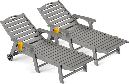 Ciokea Outdoor Chaise Lounge Chair Set of 2, Patio Lounge Chairs for Outside, HDPE Lounge Chairs with Wheels & Cup Holder, Poly Lounge Chair with 5 Position for Poolside, Deck, Grey
