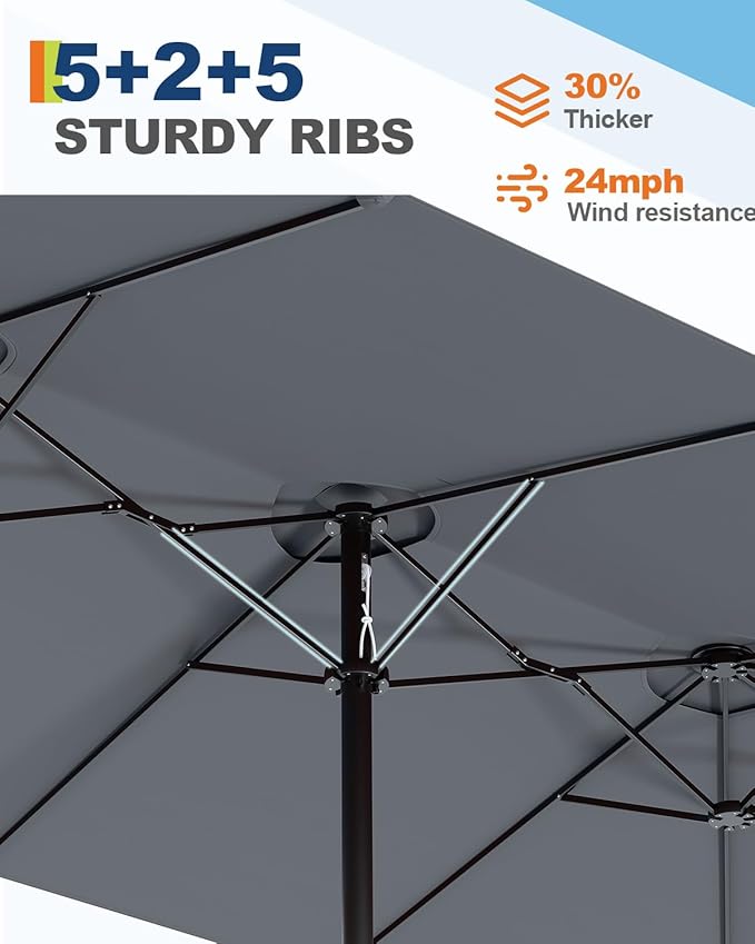 GarveeLife 15 ft Large Patio Umbrella with Lights, 36 LED Lights Double-sided Patio Umbrella with Weighted Base for Poolside Garden Backyard