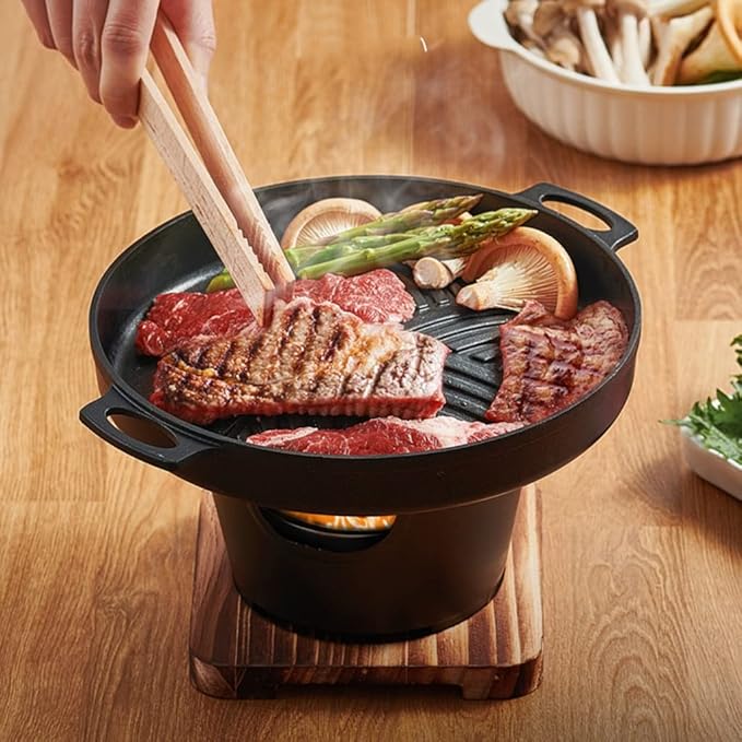 Charcoal Grill with Non-Stick Baking pan, Indoor Mini Barbecue Grill, with Wooden Base for Picnic Garden Balcony Camping (Black 21 * 12cm)