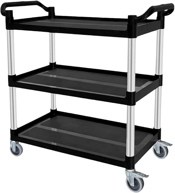 Plastic Utility Carts with Wheels, 3-Tier Rolling Cart, Restaurant Cart | 300 lbs Heavy Duty Capacity with 4 inch Silent Casters(2 Lockable), for Home, Office, Restaurant, Warehouse.31.5"× 16" × 38"