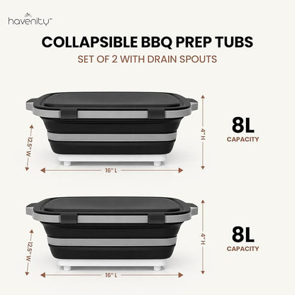 BBQ Prep Tub 2 Pack (8L+8L) - Multifunctional Collapsible Camping Cutting Board with Upgraded Locking lid, Meal Prep Meat Storage Container Perfect for Grilling, Outdoor Cooking (Large x 2)