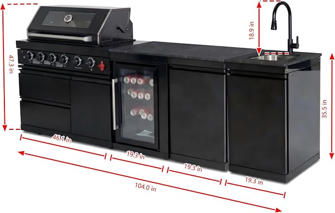 104 Inch Island Gas Grill,4-Burner Stainless Steel Gas Outdoor Kitchen Bar Barbecue Island Grill,Wine Cooler Compact Refrigerator,Marble Countertops,Stainless steel Sink