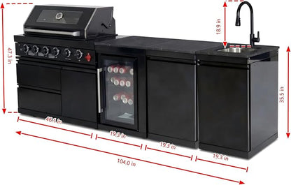 104 Inch Island Gas Grill,4-Burner Stainless Steel Gas Outdoor Kitchen Bar Barbecue Island Grill,Wine Cooler Compact Refrigerator,Marble Countertops,Stainless steel Sink