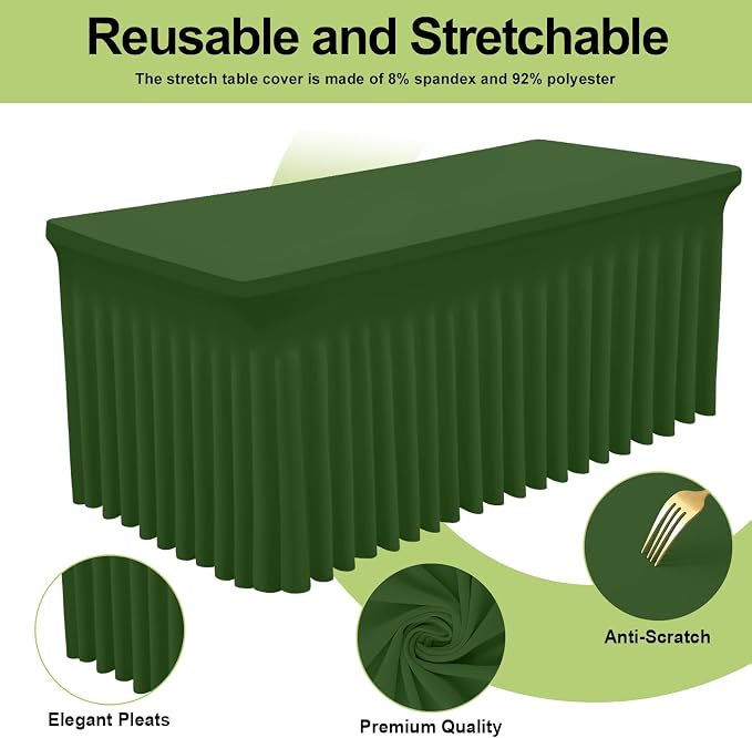 Smiry 2 Pack Spandex Elastic Fitted Table Cloth Skirt for 8FT Table | Stretch Washable Table Cloth, Banquet Table Cover for Wedding, Party, Indoor & Trade Shows, (Olive Green, 96Lx30Wx30H)