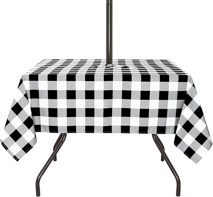 Poise3EHome Square Outdoor Tablecloth with Umbrella Hole and Zipper,Black and White Gingham 60x60 Inch,SpillProof Washable Table Cloth for Spring Summer Patio Garden Poolside Picnic Camping BBQS