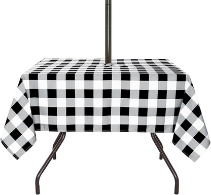 Poise3EHome Square Outdoor Tablecloth with Umbrella Hole and Zipper,Black and White Gingham 60x60 Inch,SpillProof Washable Table Cloth for Spring Summer Patio Garden Poolside Picnic Camping BBQS