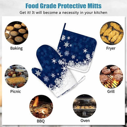 Mxocom Merry Christmas Snowflake Silicone Oven Mitts and Pot Holders Sets Winter Blue Frosty Snow Christmas BBQ Gloves for Kitchen,Cooking,Baking,Grilling