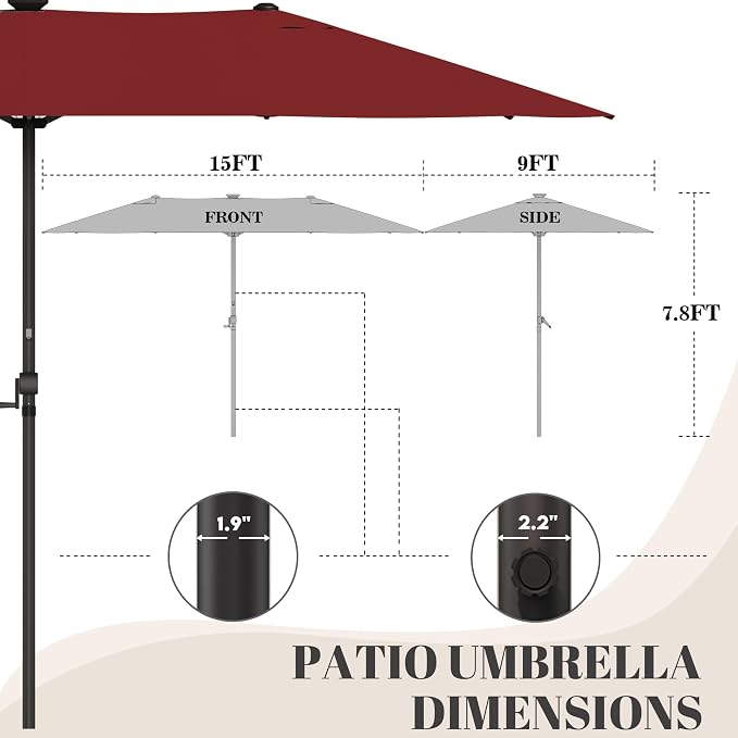 GDPFN 15ft Rectangular Patio Umbrella with Solar LED Lights, Double-Sided Outdoor Market Umbrella Extra Large Shade for Pool, Deck, Backyard, Garden, Burgundy (Base Not Include)