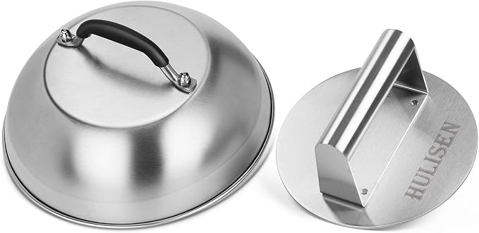HULISEN 9" Cheese Melting Dome & 6.2" Smashed Burger Press Kit | Grill Press with Basting Cover, Stainless Steel Burger Smasher, Griddle Accessories Kit for Flat Top Grill Cooking