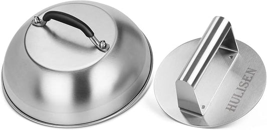 HULISEN 9" Cheese Melting Dome & 6.2" Smashed Burger Press Kit | Grill Press with Basting Cover, Stainless Steel Burger Smasher, Griddle Accessories Kit for Flat Top Grill Cooking