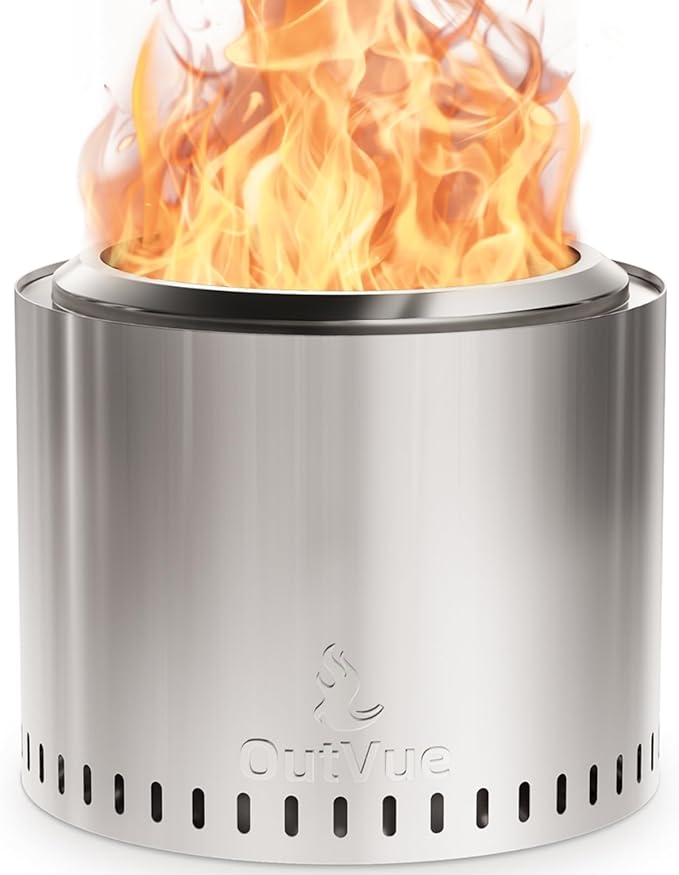 OutVue 19.5 inch Stainless Steel Smokeless Fire Pit, Outdoor Smokeless Firepit, Wood Burning Fire Pits for Camping, Bonfire, Low Smoke Firepit for Outside