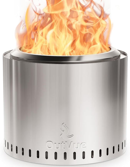 OutVue 19.5 inch Stainless Steel Smokeless Fire Pit, Outdoor Smokeless Firepit, Wood Burning Fire Pits for Camping, Bonfire, Low Smoke Firepit for Outside