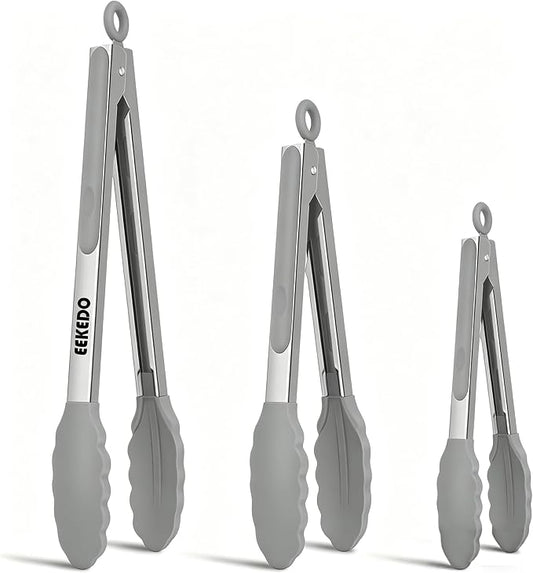 Kitchen Tongs, Stainless Steel Cooking Tongs with Silicone Tips, 600ºF High Heat-Resistant Non Scratch Locking Tongs for Cooking BBQ Grilling Air Fryer Pans, Set of 3(7" 9" and 12") Light Grey