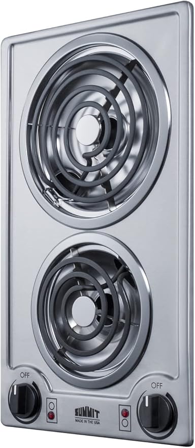 Summit 12" 2 Burner Electric Cooktop. 230V Radiant Cooktop, Coil Elements, Made in the USA, White- CCE225WH