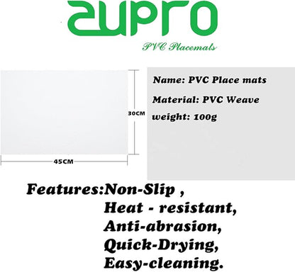 Zupro Placemats Set of 4 Washable Heat-Resistant Non Slip Braided Table Mats Woven PVC Vinyl Kitchen Dining Patio Table Place Mats for Dinner Parties BBQs Indoor and Ourdoor Use.18"x12"(White)