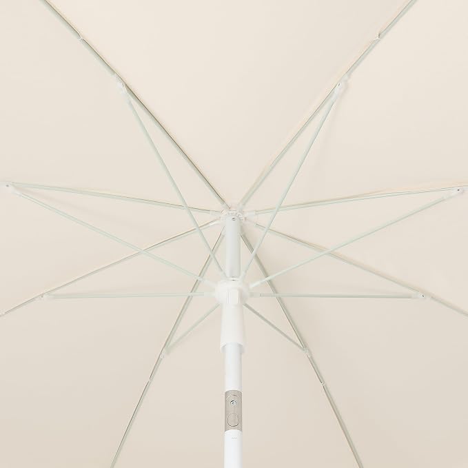 JONATHAN Y Mariner 6.5 ft. Solid Fringe Beach Umbrella, Cream | Push-Button Tilt, UV 50 Protection, Matching Carry Bag, White Iron Pole, Wind Vent, Scalloped Round Canopy