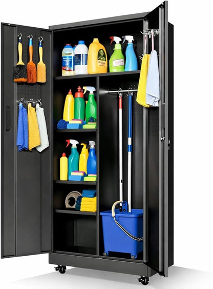 Metal Garage Storage Cabinet with Pegboard and Hanging Rod, 71'' Tall Metal Broom Closet Storage Cabinets, Rolling Tool Cabinet on Wheels for Garage, Utility Room (Black)