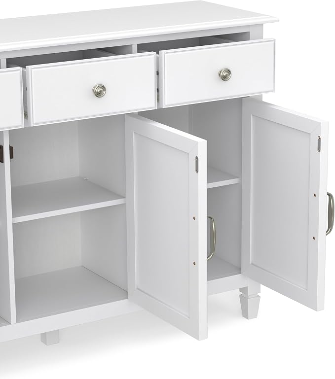 SIMPLIHOME Connaught 51" Wide Solid Wood Storage Cabinet in White | Traditional space-saving entryway or mudroom cabinet with 3 drawers and adjustable shelves for organized household storage.