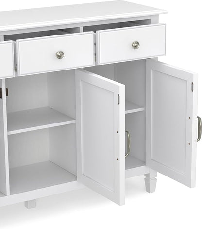 SIMPLIHOME Connaught 51" Wide Solid Wood Storage Cabinet in White | Traditional space-saving entryway or mudroom cabinet with 3 drawers and adjustable shelves for organized household storage.