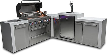 Mont Alpi 94"W x 98"D Deluxe Stainless Steel L-shaped Modular Outdoor Kitchen Island with 3-tap Kegerator Beer Dispenser Refrigerator + 44"W 6-Burner BBQ Grill + Granite Countertops + Storage Cabinets