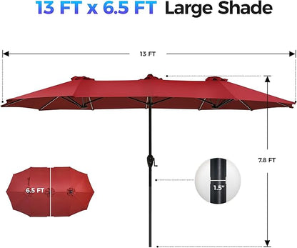 SUPERJARE 13ft Outdoor Patio Umbrella with Solar Lights, Double-sided Deck Pool Umbrella with 1.5 Inch Pole, Fade Resistant Canopy, 12 Sturdy Ribs, for Porch, Market, Backyard, Burgundy(No Base)