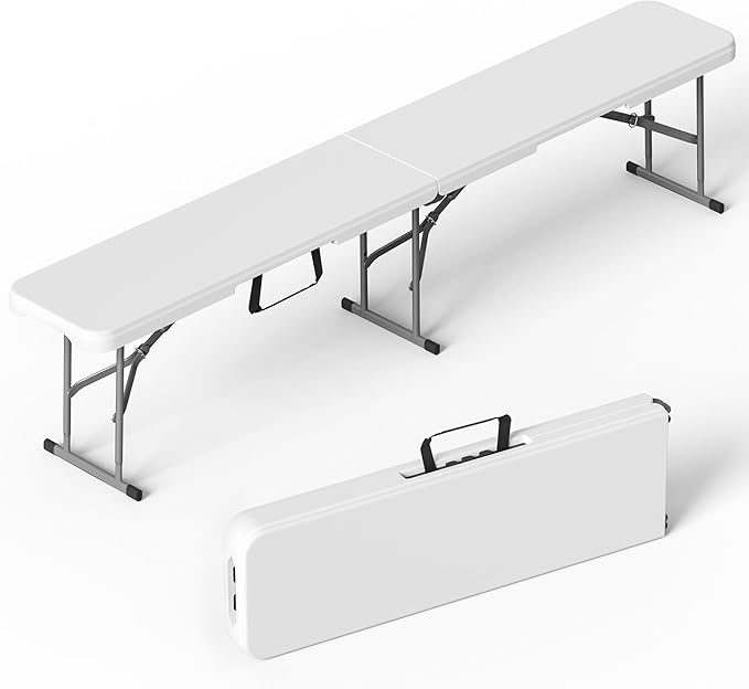 VSOAEIL 6 Foot Folding Bench, 6 FT Foldable Plastic Bench Indoor & Outdoor | 6 Feet Portable Bench Seating with Handle and HDPE Tabletop - Party, Dining, Picnic, Camping, Sports, Temporary Events, White