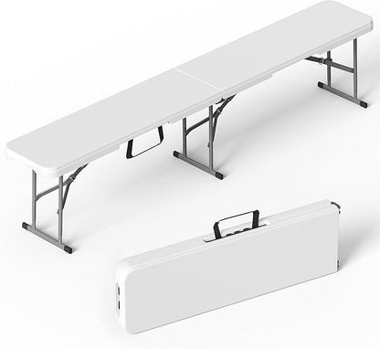 VSOAEIL 6 Foot Folding Bench, 6 FT Foldable Plastic Bench Indoor & Outdoor | 6 Feet Portable Bench Seating with Handle and HDPE Tabletop - Party, Dining, Picnic, Camping, Sports, Temporary Events, White